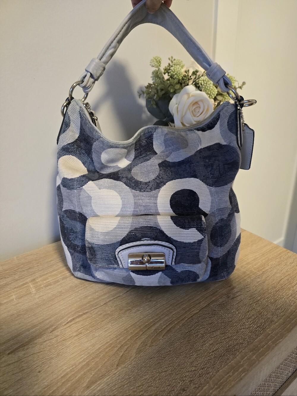 Coach Kristin Hobo Bag Graphic Op Art Shoulder Purse Blue Canvas Leather 14860